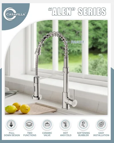 Vista 2 de Grifo de cocina, grifos de fregadero de cocina comercial con rociador extraíble, grifos de acero inoxidable para fregaderos de cocina, cabezal