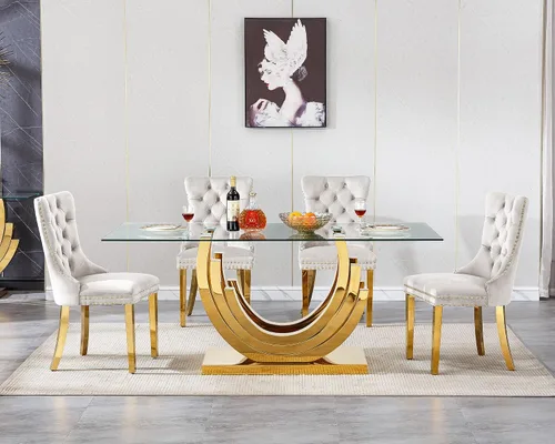 Vista 3 de Juego de mesa de comedor de cristal dorado de 5 piezas, 70 pulgadas, rectangular, moderna, para cocina y comedor, mesa de comedor para 4, mesa