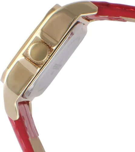 Vista 3 de Peugeot Reloj de mujer chapado en oro de 14 quilates con bisel de cristal con número romano con banda de cuero rojo 3052RD