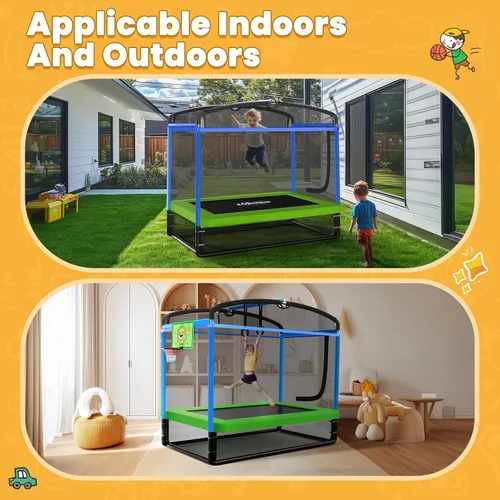 Vista 7 de Zupapa Cama elástica 5 en 1 rectangular para niños de 6 pies con silla hamaca, aro de baloncesto y red de seguridad - Cama elástica cuadrada