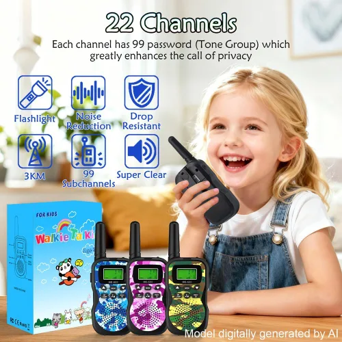 Vista 3 de Huaker Walkie Talkies para niños, paquete de 3 unidades de 22 canales de radio de 2 vías con linterna y pantalla LCD, walkie talkies de alcance de 3