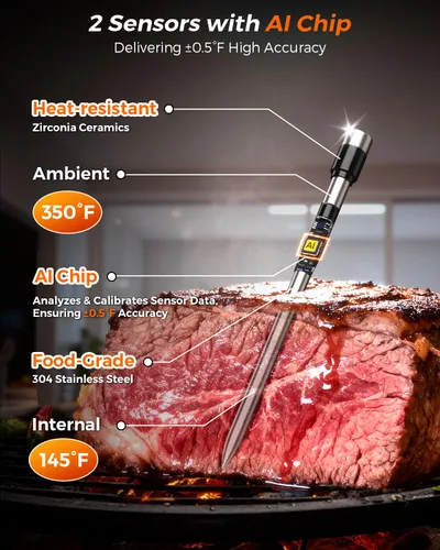 Vista 3 de [Usado] 2025 AI Termómetro de Carne Inalámbrico, Termómetro de Carne Inteligente Bluetooth Digital, ±0.5°F de Alta Precisión, Sonda de Temperatura