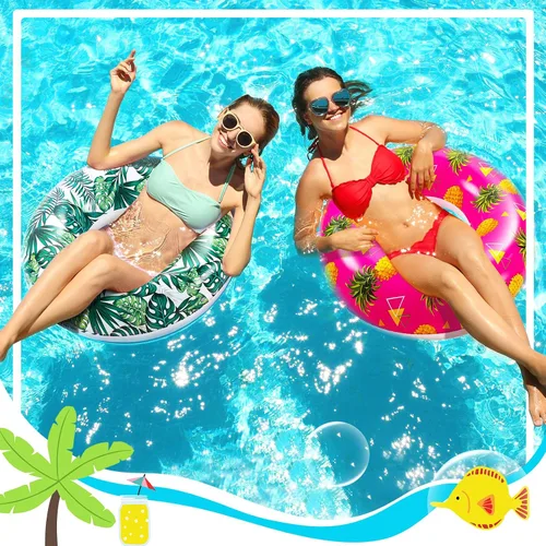 Vista 5 de Poen Flotadores grandes de piscina de 32 pulgadas con hojas tropicales, tubos inflables para piscina, anillos de piscina para adultos, suministros