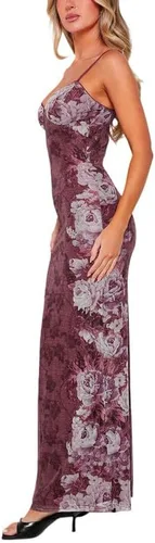 Vista 4 de Vestido largo sexy con tirantes delgados florales Y2K para mujer, sin espalda, corte bajo, ajustado, vestido largo, fiesta, club, playa