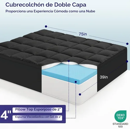 Vista 2 de OLANLY Cubrecolchón de Espuma Viscoelástica de Doble Capa de 4 Pulgadas Tamaño Twin para Dolor de Espalda, Funda de Colchón Pillow Top Refrescante