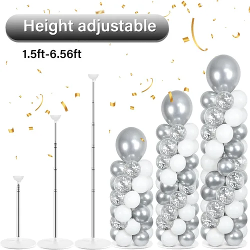 Vista 4 de Juego de 2 soportes de columna de globos plateados y blancos con 100 globos plateados con base para globos de confeti de suelo, kit de columna