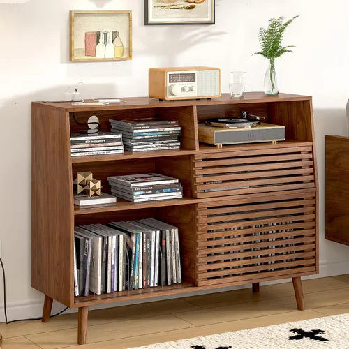 Vista 4 de Jluomei Soporte grande para tocadiscos, soporte para tocadiscos de mediados de siglo con puertas y estación de carga, mesa para tocadiscos