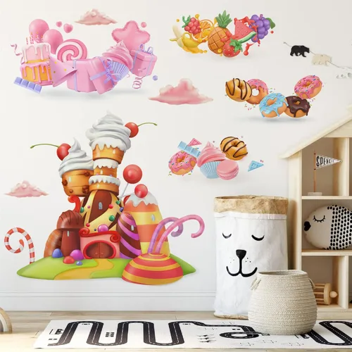 Vista 5 de Pegatinas de pared de castillo de helados y dulces Calcomanías removibles para tartas de frutas, decoración de fiesta de Navidad, guardería