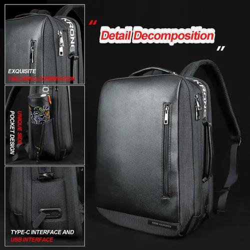 Vista 7 de Krone Kalpasmos Mochila antirrobo para hombres y mujeres, mochila impermeable de cuero de gran capacidad con organizador gris, color negro, Negro