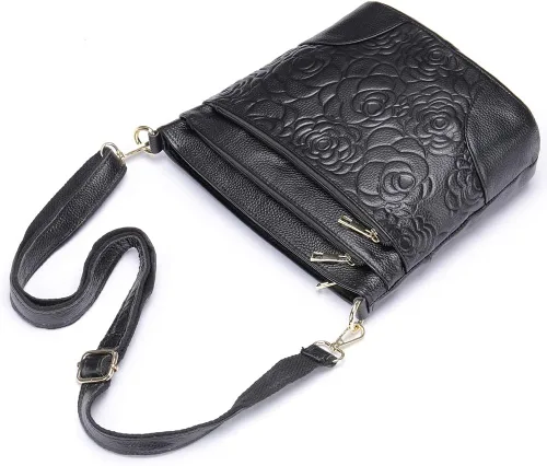 Vista 6 de Aslana Bolso bandolera de cuero genuino con relieve floral para mujer