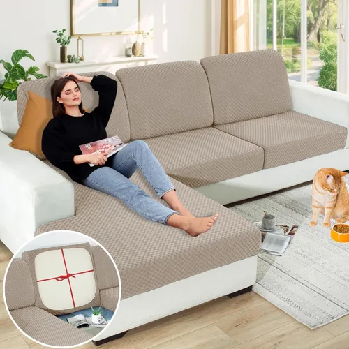 Vista 12 de YEMYHOM Funda de cojín para sofá, funda de cojín de asiento de alta elasticidad, tela jacquard geométrica de felpa, protector de sofá antideslizante