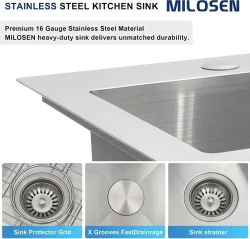 Vista 4 de MILOSEN Fregadero de barra de 15 x 17 pulgadas, fregadero de acero inoxidable T304, fregaderos de cocina pequeños con accesorios personalizados