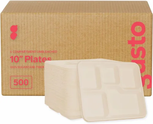 Vista 11 de GUSTO Platos de papel kraft resistentes de 9 pulgadas – [caja de 500], platos de caña de azúcar desechables 100% compostables y biodegradables