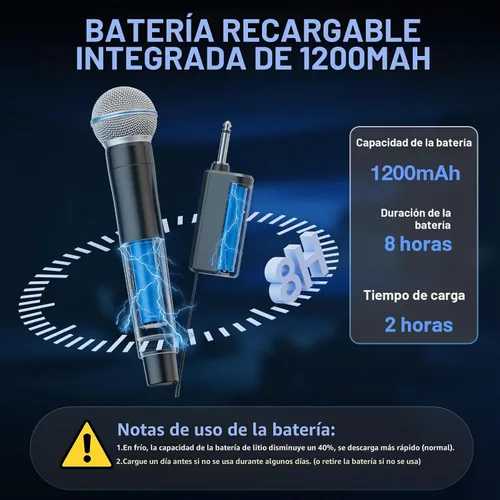 Vista 3 de Micrófono inalámbrico, micrófonos recargables inalámbricos de mano duales dinámicos, micrófonos de karaoke NEW BAXS con salida de 1/4 pulgada
