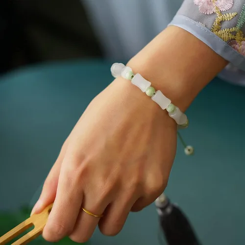 Vista 2 de Pulsera de bambú ajustable de cuerda de mano de piedra natural, pulsera de cuentas de piedra de moda para mujer, 3, Sin gemas.