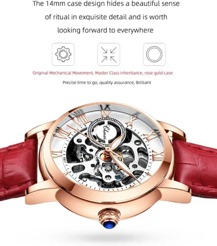 Vista 7 de Reginald Reloj mecánico para mujer, en forma de corazón, movimiento mecánico de oro, reloj mecánico automático para mujer, Negro -, Moda casual