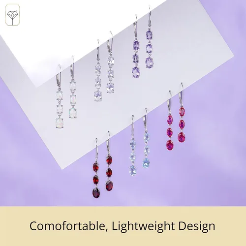 Vista 5 de 925 Sterling Silver Gemstone Oval Dangle Earrings for Women with Leverbacks and 1.5 inch Birthstones by MAX + STONE