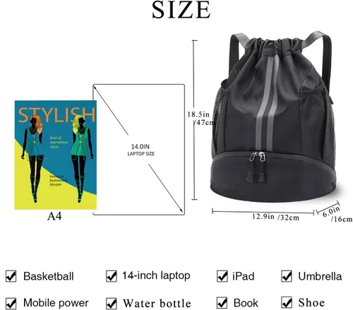 Vista 3 de Mochila deportiva con cordón, bolsa impermeable para natación, gimnasio, bolsa de baloncesto de fútbol con compartimento para zapatos para hombres