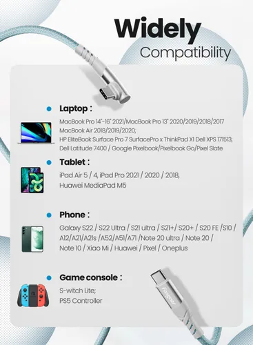 Vista 6 de Fasgear Cable USB C a USB C de 100 W – 1 paquete de 3 pies USB 2.0 tipo C a tipo C PD cable 5A de carga rápida en ángulo recto compatible