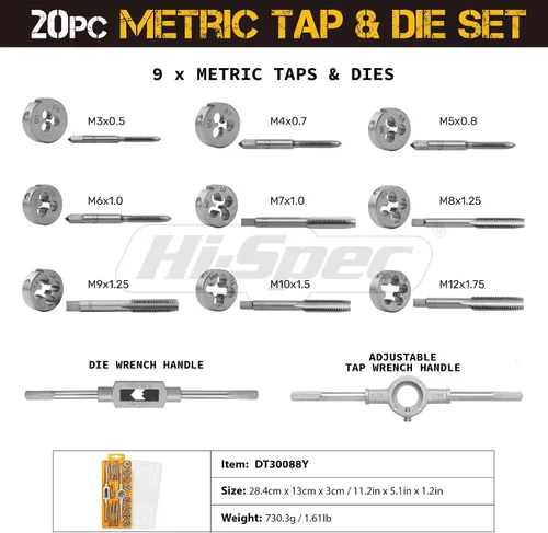 Vista 2 de Hi-Spec Juego de roscas y troqueles métricos, 20 piezas M3–M12 Kit de reparación de roscas para rosca de tornillo y perno, herramientas básicas
