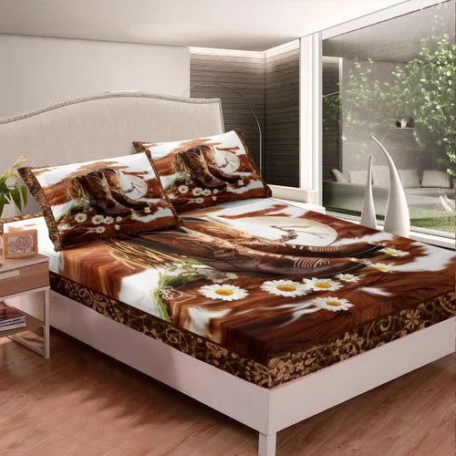 Vista 2 de Manfei Sábana bajera ajustable de vaquero occidental, tamaño individual, funda de cama con 1 funda de almohada, juego de ropa de cama con estampado