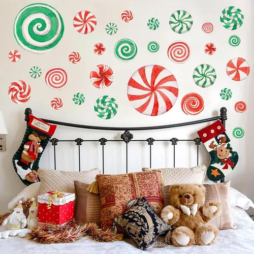 Vista 2 de 78 calcomanías de pared de caramelo de Navidad de acuarela, calcomanías de pared de Navidad, calcomanías de piso de caramelo de menta para Acuarela