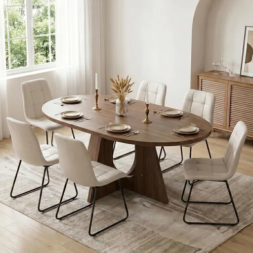 Vista 8 de HIPIHOM Moderno juego de mesa de comedor redonda para 2, mesa de cocina de nogal de 39.4 pulgadas con 2 sillas de piel sintética, juego de comedor