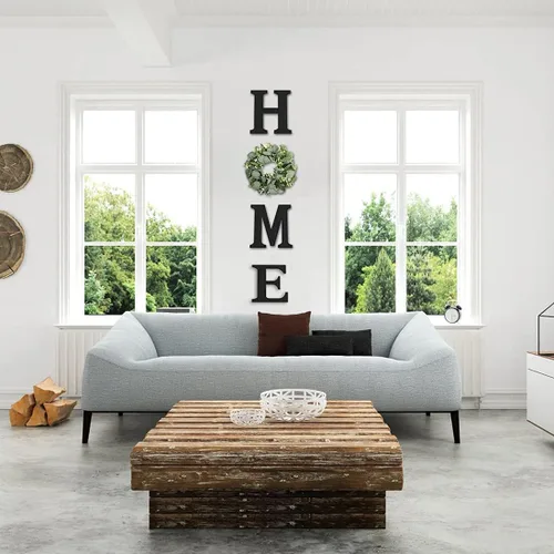 Vista 2 de Cartel colgante de madera con letras en inglés «HOME» (Hogar) con corona de eucalipto artificial para la letra «O», decoración de pared estilo Negro