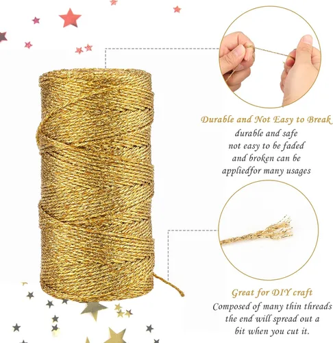Vista 3 de jijAcraft cuerda de oro de 328 pies - hilo de oro metálico de 1.5 mm para envolver regalos sin estiramiento - cordón brillante dorado para envolver