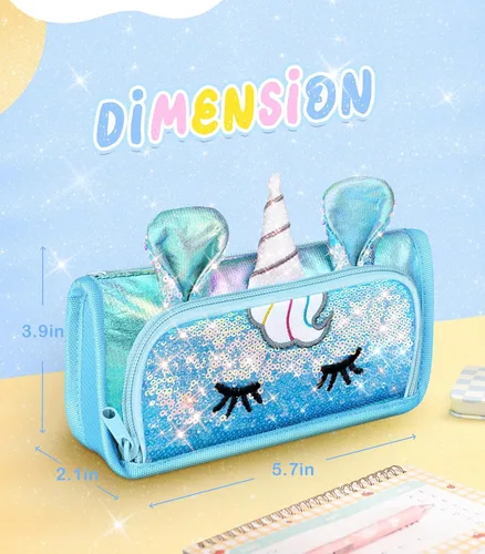 Vista 2 de Lindo estuche para lápices, estuche 3D para niñas y niños, bolsa brillante para lápices con lentejuelas para estudiantes, suministros escolares