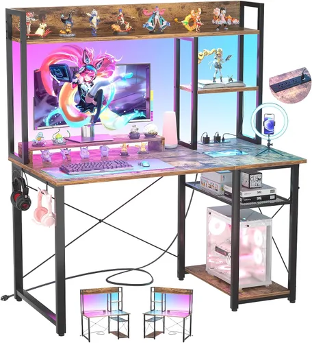 Vista 8 de Cyclysio Escritorio para juegos con gabinete, escritorio para computadora de 39 pulgadas con luces LED y tomas de corriente, escritorio de oficina