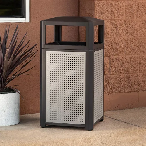 Vista 7 de Safco Products Evos - Bote de basura para exteriores e interiores con panel de acero galvanizado perforado, 38 galones, negro
