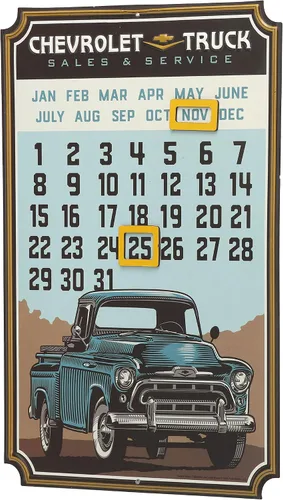 Vista 2 de Calendario de Camiones Chevrolet - Letrero Vintage de Metal en Relieve con Imanes para Garaje, Taller o Cueva del Hombre Azul