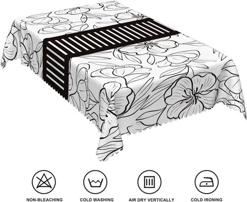 Vista 6 de Mantel rectangular floral de 52 x 70 pulgadas, color blanco y negro, estampado floral, a prueba de derrames y aceite, para cocina, comedor