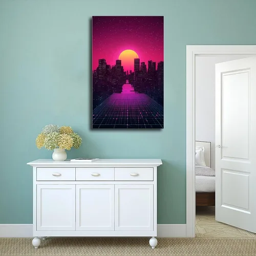 Vista 4 de Cyberpunk Minimal Wall Art – Retro Future Grid Skyline Canvas, Neon Tech Decor for Office Or Bedroom Poster Print for Teen Boys Room Wall Art Canvas