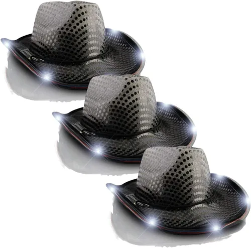 Vista 2 de blinkee Sombrero de vaquero LED intermitente con lentejuelas negras, paquete de tres