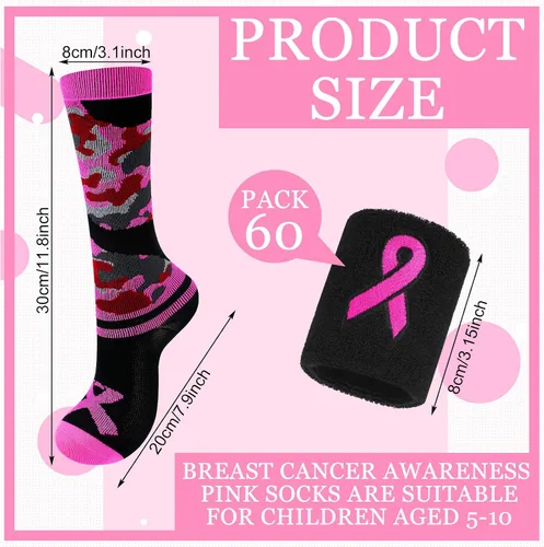 Vista 2 de Jiuguva Juego de pulseras y calcetines con cinta rosa para concienciación del cáncer de mama, incluye calcetines deportivos de camuflaje rosa