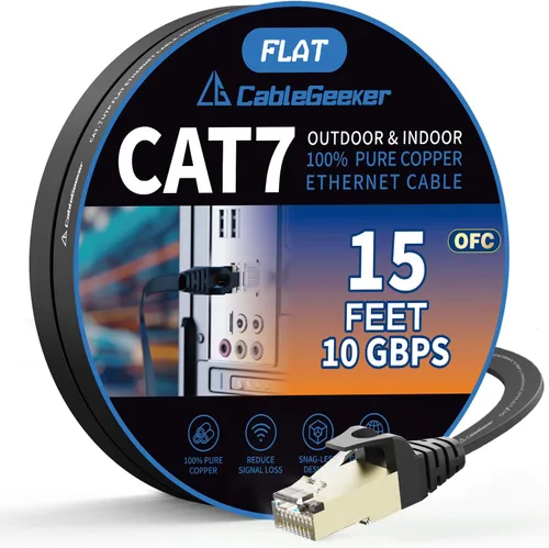 Vista 18 de Cable blindado Cat 7 para conexión de Ethernet (cable de la más alta velocidad), plano, tiene un conector RJ45 a prueba de enganche, para módem