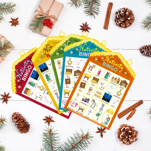 Vista 6 de Juego de bingo de la Natividad de Fancy Land para niños, 24 jugadores, Navidad, establo, casa cristiana, juego de bingo religioso para fiestas