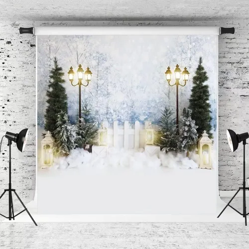 Vista 18 de Kate Telón de fondo de fotos de casa de campo de Navidad, fondo de puerta rosa, nieve blanca, árboles de Navidad, fondo de fotos, accesorios de 5