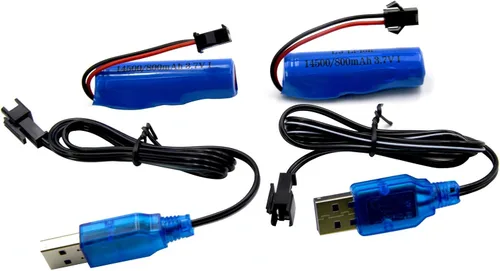 Vista 4 de Blomiky Paquete de 2 baterías recargables de iones de litio de 3.7 V 500 mAh, enchufe SM 2P con cable USB para auto de acrobacias RC de doble cara