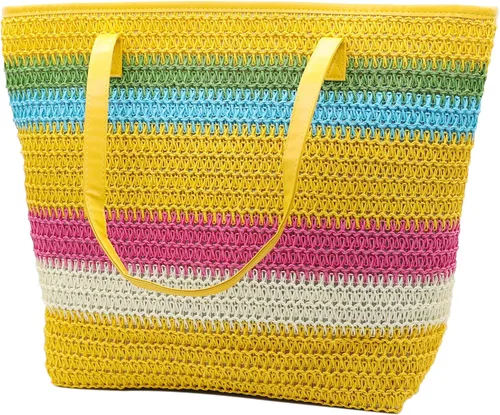 Vista 9 de Bolso grande de paja para mujer, tejido de ratán, bolso de playa de verano, a rayas