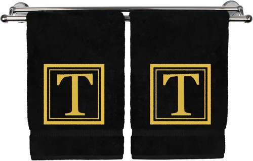 Vista 52 de Juego de 2 toallas de mano con monograma, 16 x 30 pulgadas, regalo personalizado, letra dorada bordada con diseño cuadrado sobre toalla negra, extra
