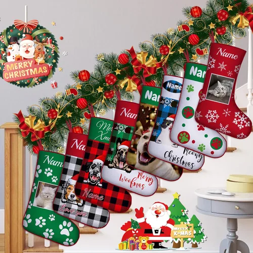 Vista 7 de Calcetines de Navidad personalizados para perros y gatos, 42 patrones de perros y mascotas, calcetines de Navidad personalizados con nombres, adorno