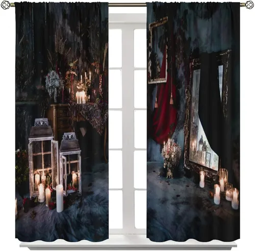 Vista 8 de Cortinas góticas de decoración oscura, lujoso patrón victoriano real para niños y niñas, decoración de sala de estar, juego de 2 piezas, 42 pulgadas
