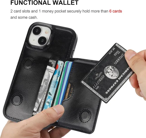Vista 4 de KIHUWEY - Funda tipo cartera para iPhone 15 (piel, tarjetero), color negro Ranuras para tarjetas de crédito, soporte, piel sintética, cierre