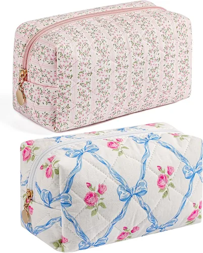 Vista 40 de Bolsa de maquillaje de viaje para mujeres y niñas, bolsa de maquillaje con cremallera, flores florales, organizador de maquillaje, bolsa de tela