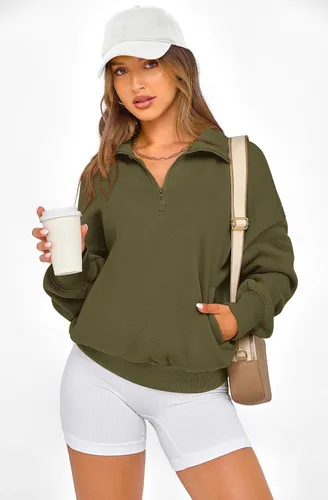 Vista 4 de PRETTYGARDEN Sudaderas de gran tamaño con media cremallera para mujer, sudaderas con capucha de forro polar 2025 de manga larga a la moda, tops