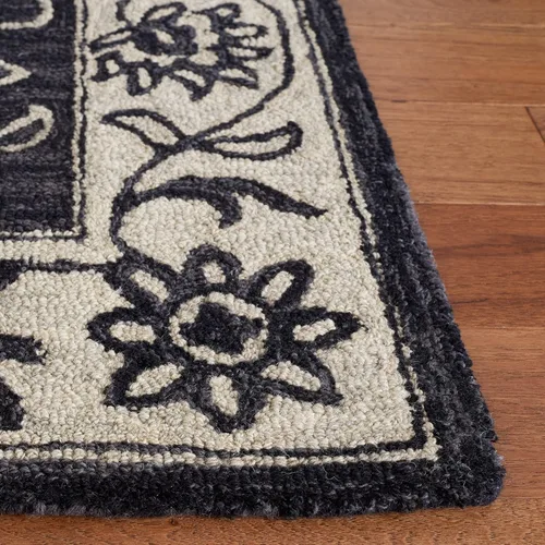 Vista 5 de SAFAVIEH Jardin Collection Alfombra de pasillo, 2 pies 3 pulgadas x 9 pies, negro y marfil, lana floral hecha a mano, ideal para zonas de alto