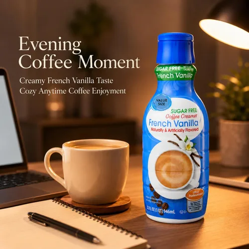 Vista 2 de Crema de café de vainilla francesa sin azúcar, botella de 32 onzas líquidas, crema líquida dulce y cremosa para café con cucharas de pala de café